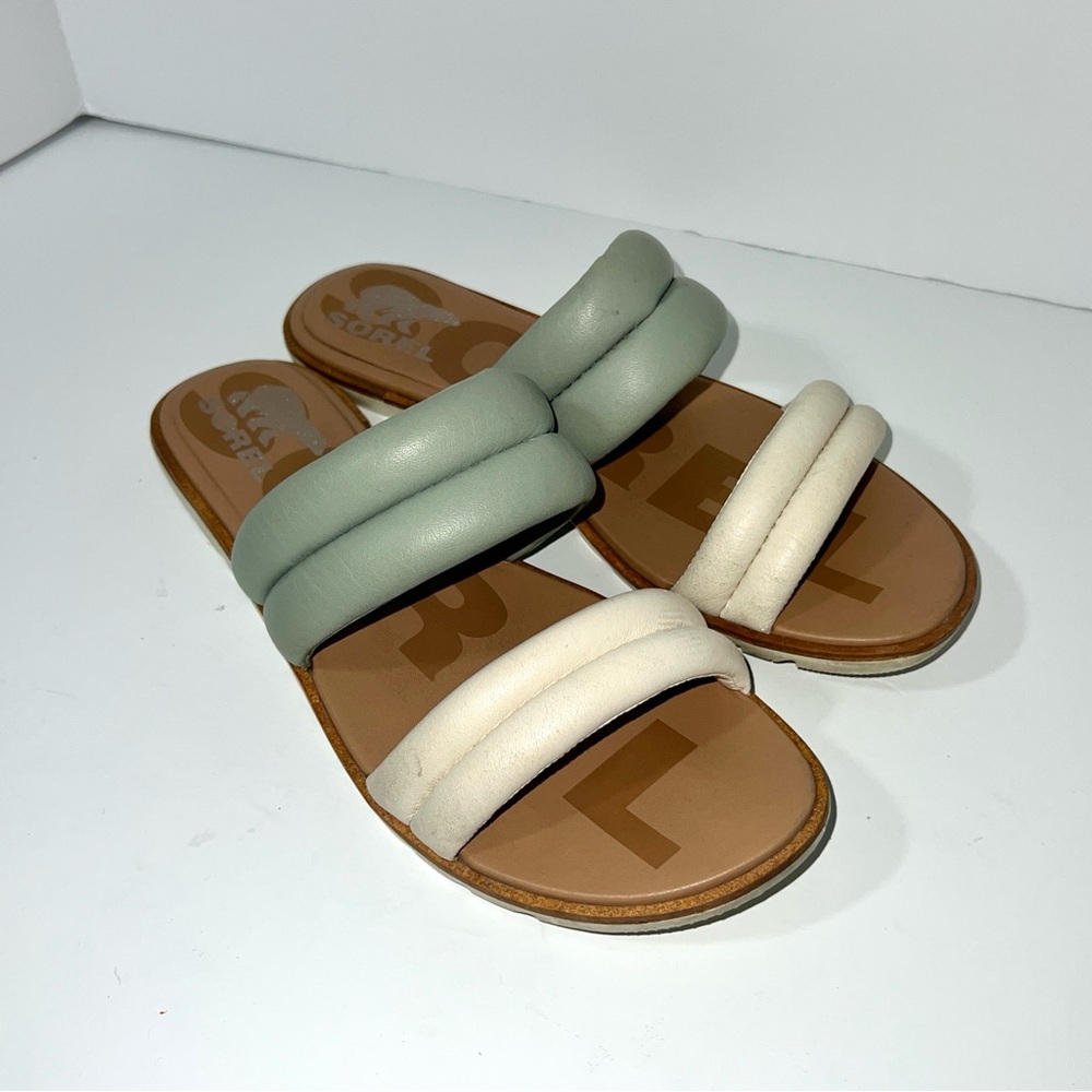 Sorel Ella Il Puffer Slide Sandals‎ Flat Sole
Leather Cream & Green Size 9